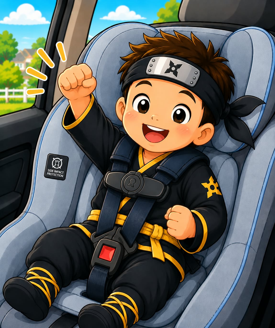 The Car Seat Ninja mascot buckled into a child restraint in a car